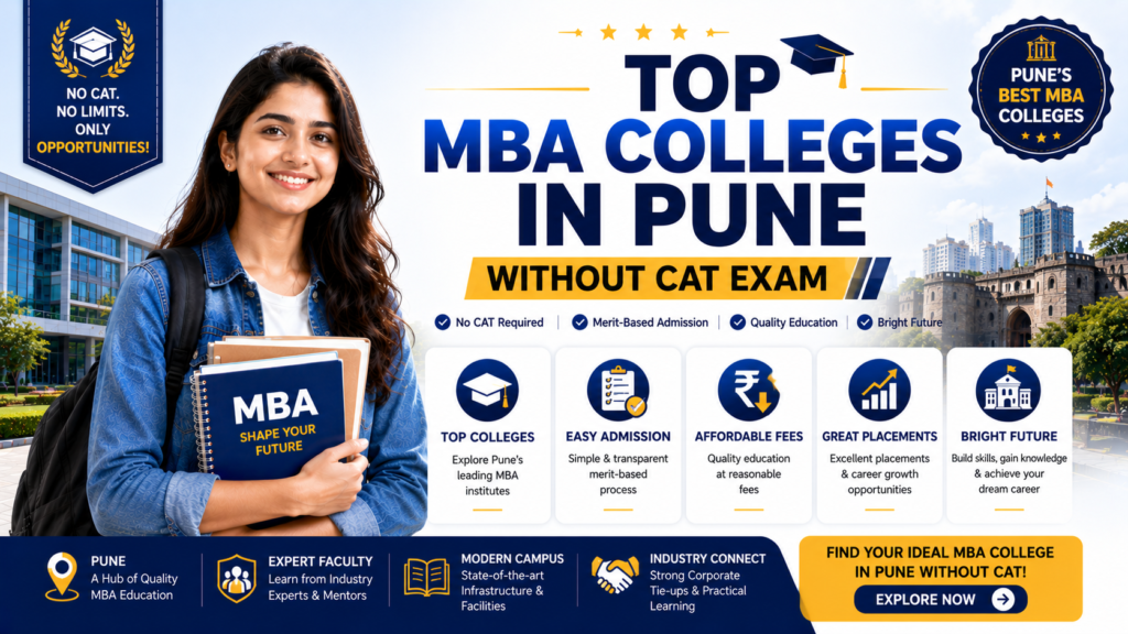 Top MBA colleges in Pune without CAT exam highlighting premium B-schools accepting MH-CET, SNAP, and MAT scores