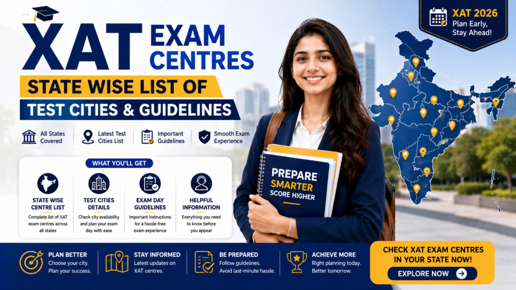 Map of India highlighting XAT exam centres 2027 and state wise list of test cities