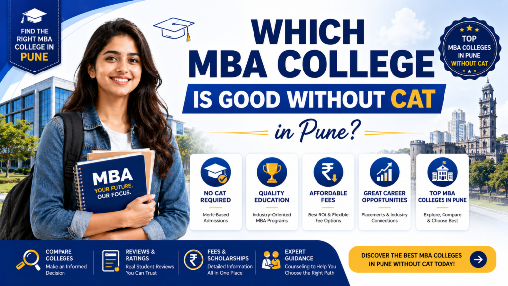 Students walking on a premier MBA college campus in Pune without CAT score requirement