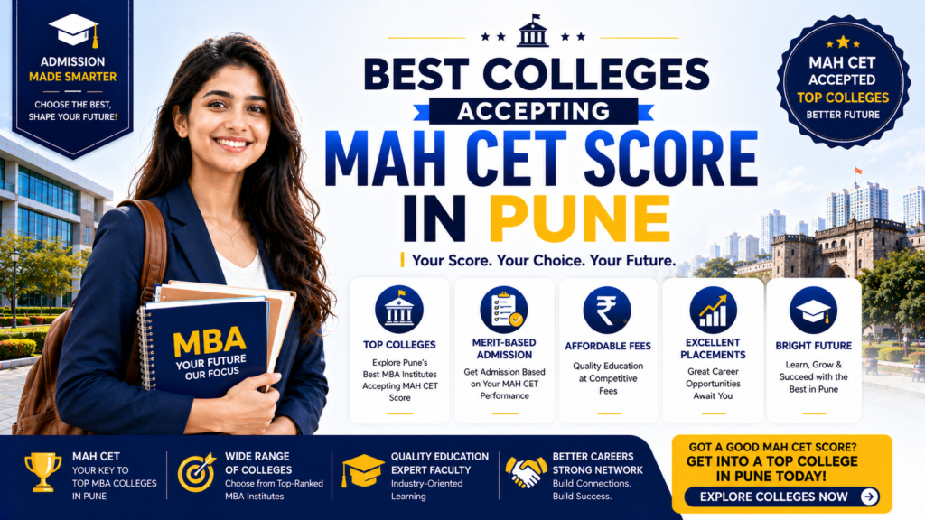 Infographic comparing tuition fees and average placement packages of top MBA colleges in Pune through MAH CET
