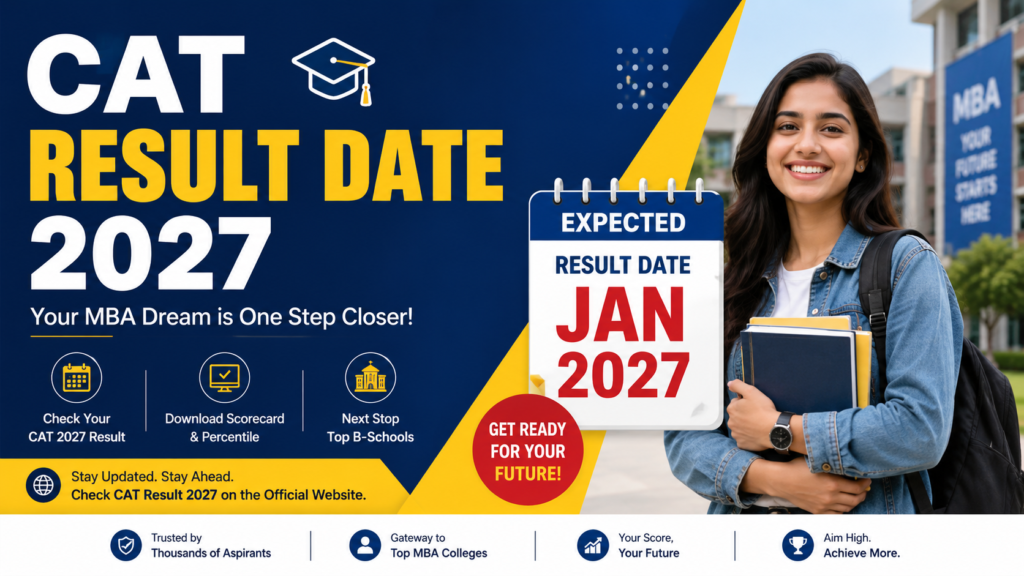 Happy student checking CAT Result Date 2027 and scorecard on a laptop