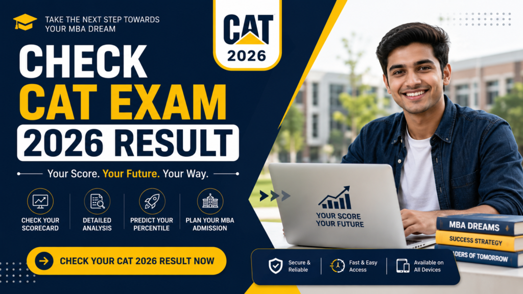 Happy student checking CAT Exam 2026 result and scorecard on a laptop